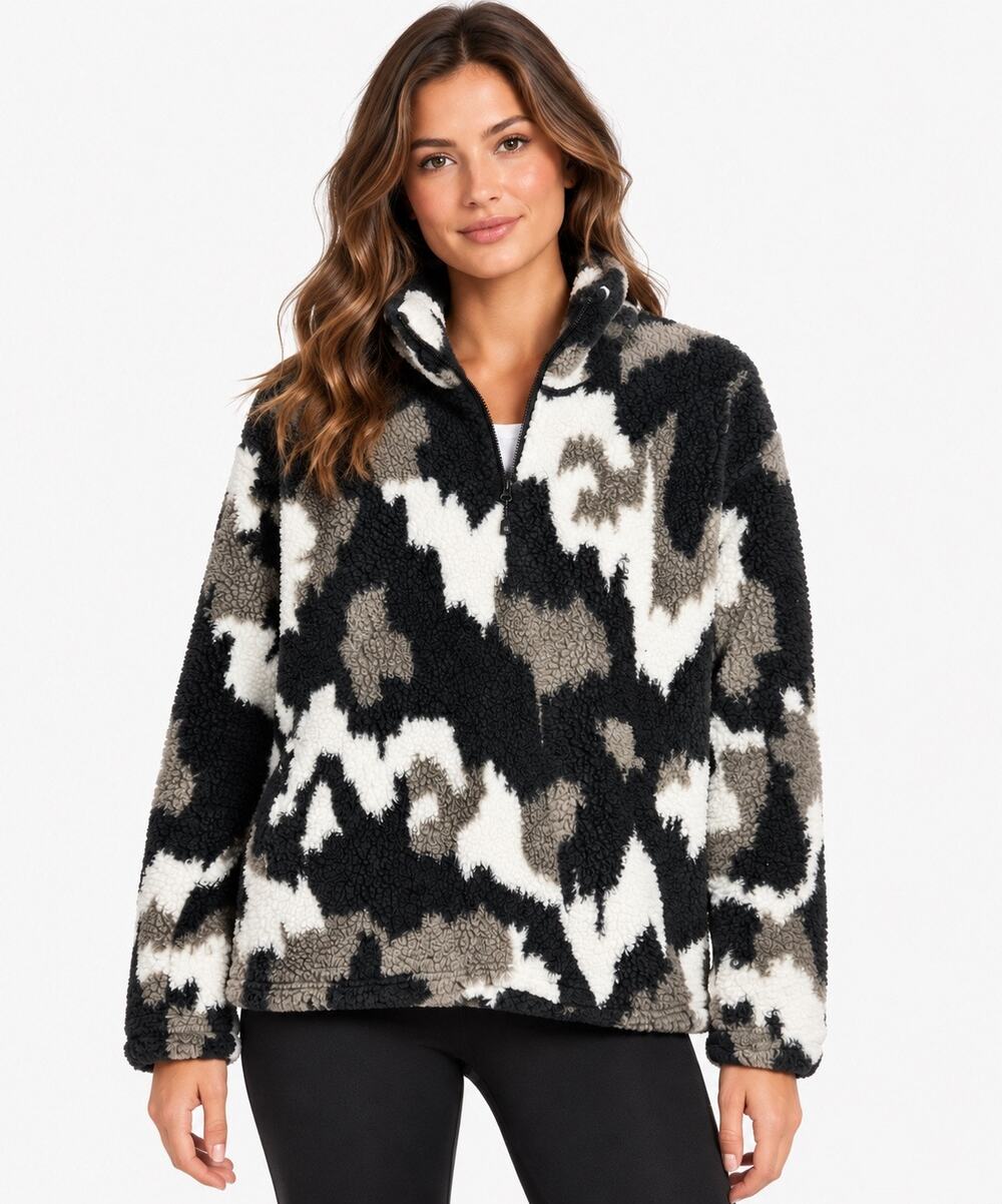 Eddie Bauer Women’s M Sherpa Fleece Pullover Abstract Camo 1/4 Zip Cozy